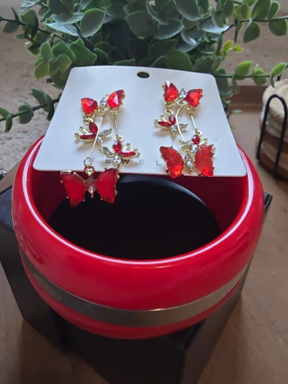 Red Butterfly Crystal Earrings and Bangle Bracelet Set | Gold Rhinestone Dangle